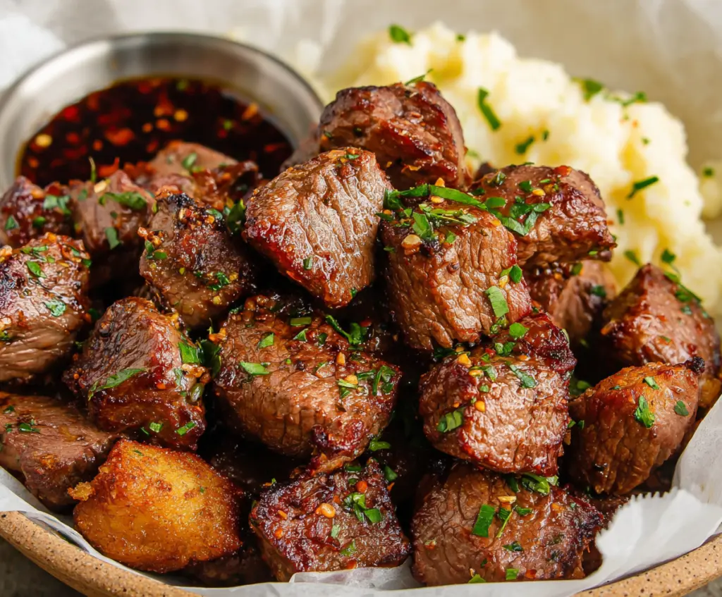 Juicy air fryer steak bites with a perfect sear served on a platter.