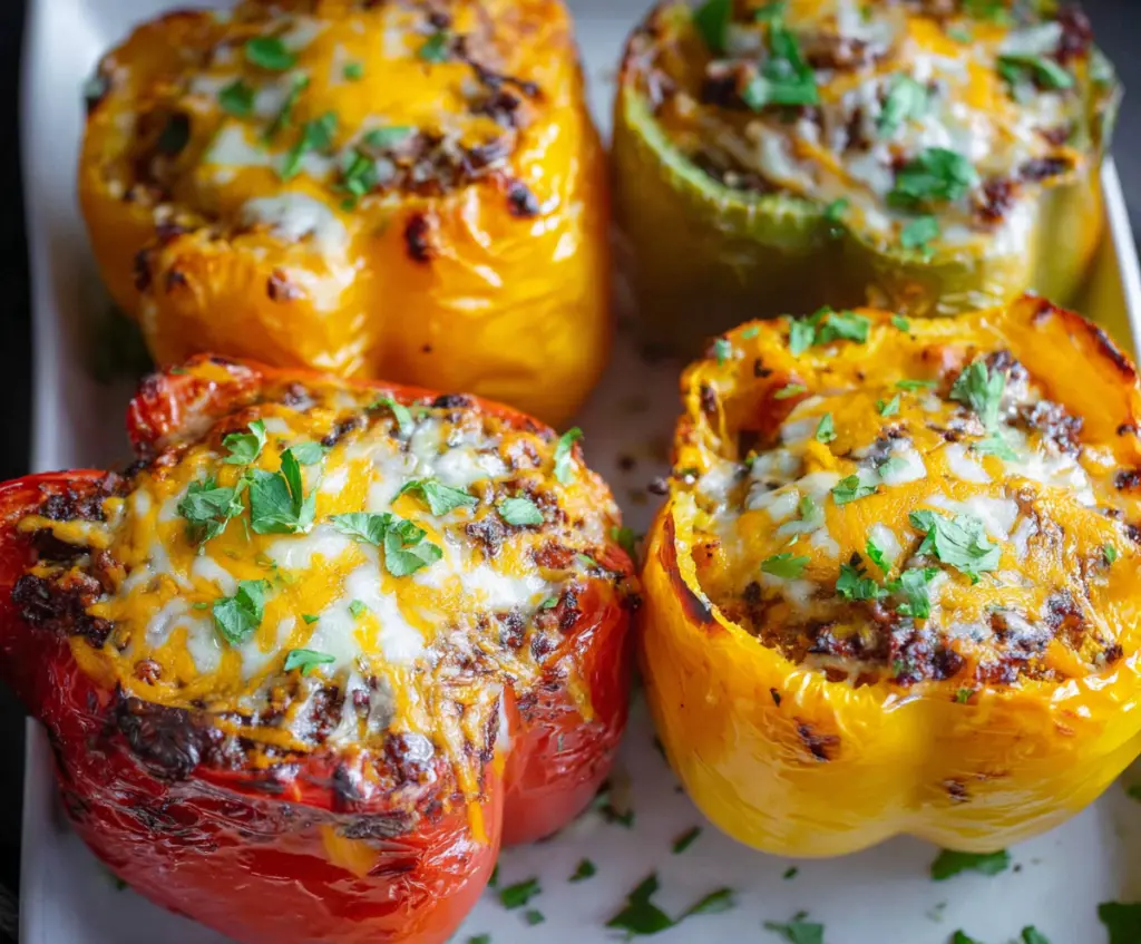 Delicious air fryer stuffed bell peppers filled with savory ingredients and melted cheese