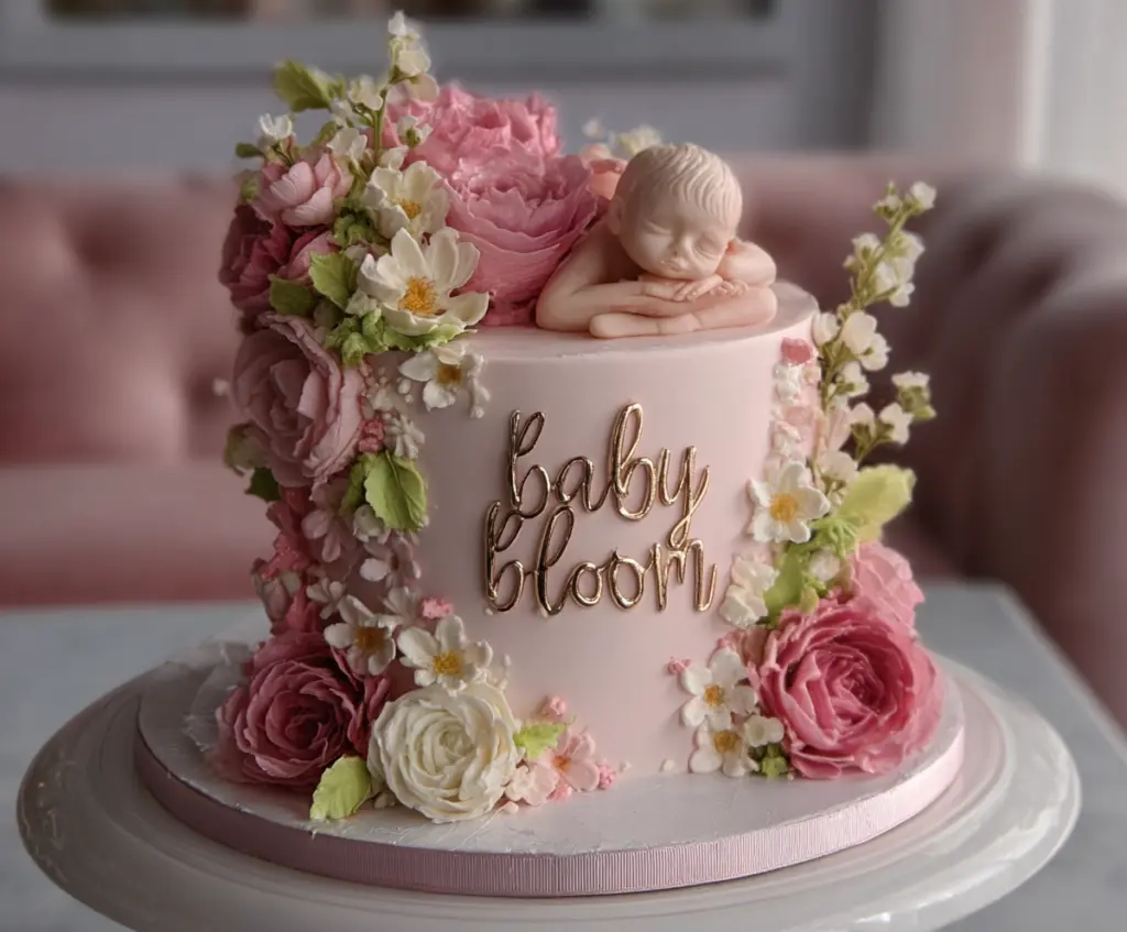 Decorative Baby in Bloom Cake with colorful floral frosting and cute baby figurine for celebrations.