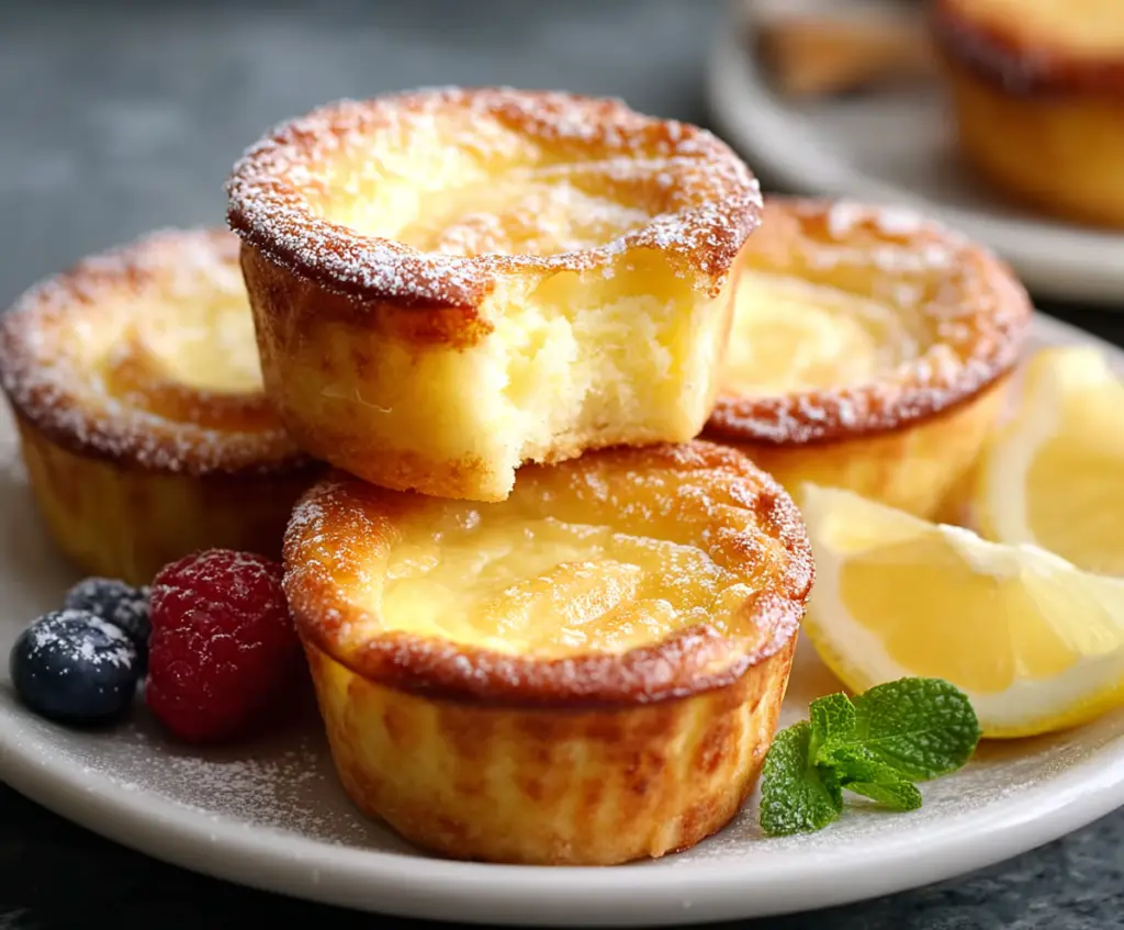 Delicious Baby Lemon Impossible Pie topped with fresh lemon slices and whipped cream.