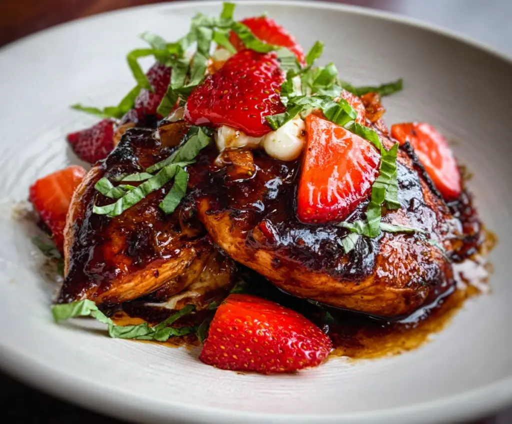 Delicious balsamic glazed chicken served with fresh strawberries on a white plate.