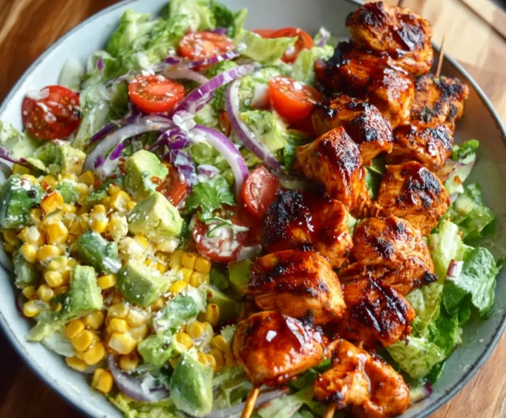 Grilled BBQ chicken skewer served with fresh salad ingredients for a tasty and healthy meal.