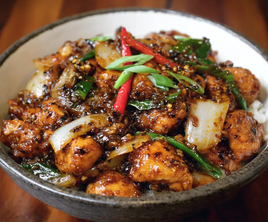 Delicious black pepper chicken stir-fry with tender chicken pieces and flavorful black pepper sauce