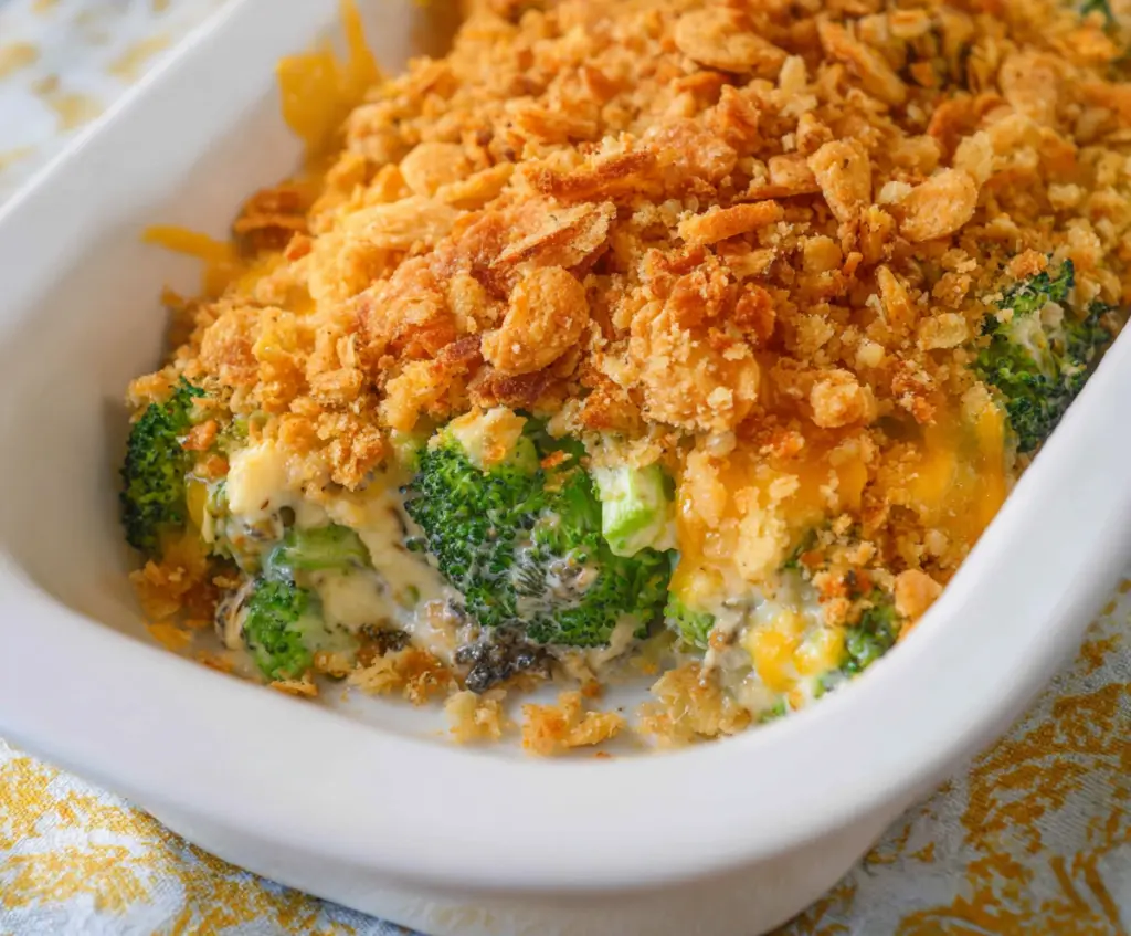 Delicious broccoli casserole topped with crispy Ritz crackers in a baking dish.