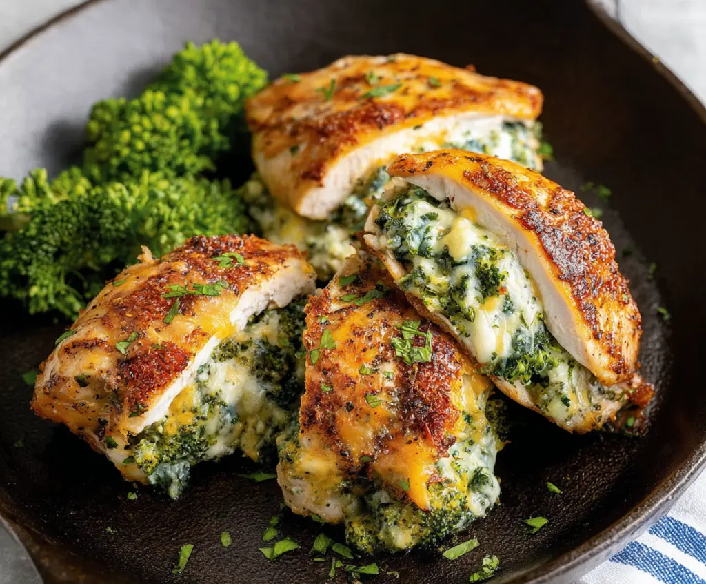Delicious broccoli stuffed chicken breast with melted cheese, perfectly baked for a healthy dinner.