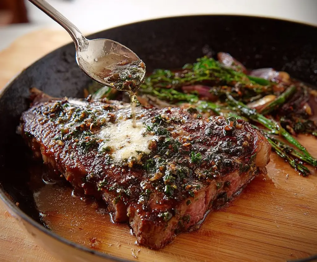 Juicy brown butter–basted steak cooked to perfection on a sizzling skillet