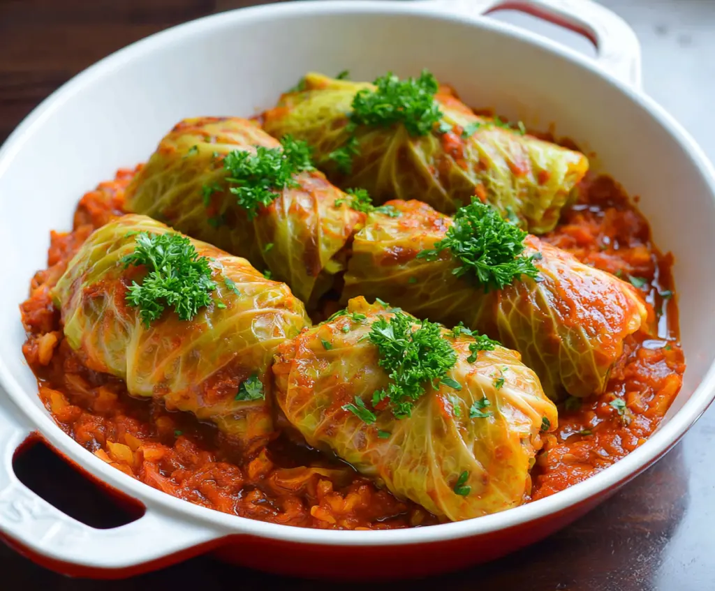 Delicious homemade cabbage rolls stuffed with seasoned meat and rice, garnished with fresh herbs.