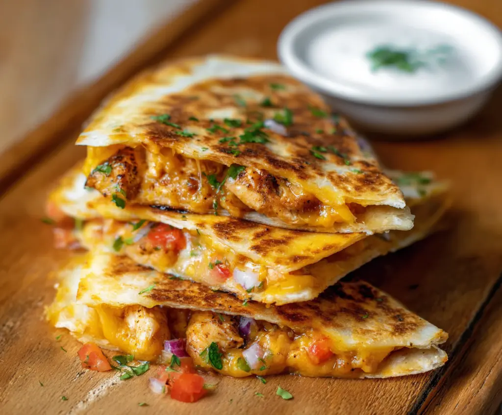 Delicious cheesy chicken quesadillas with melted cheese and crispy tortillas served on a plate.