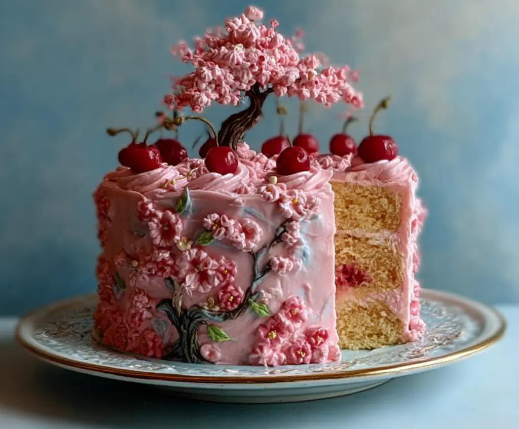 Delicious Cherry Blossom Dream cake with pink frosting and cherry blossom decorations.