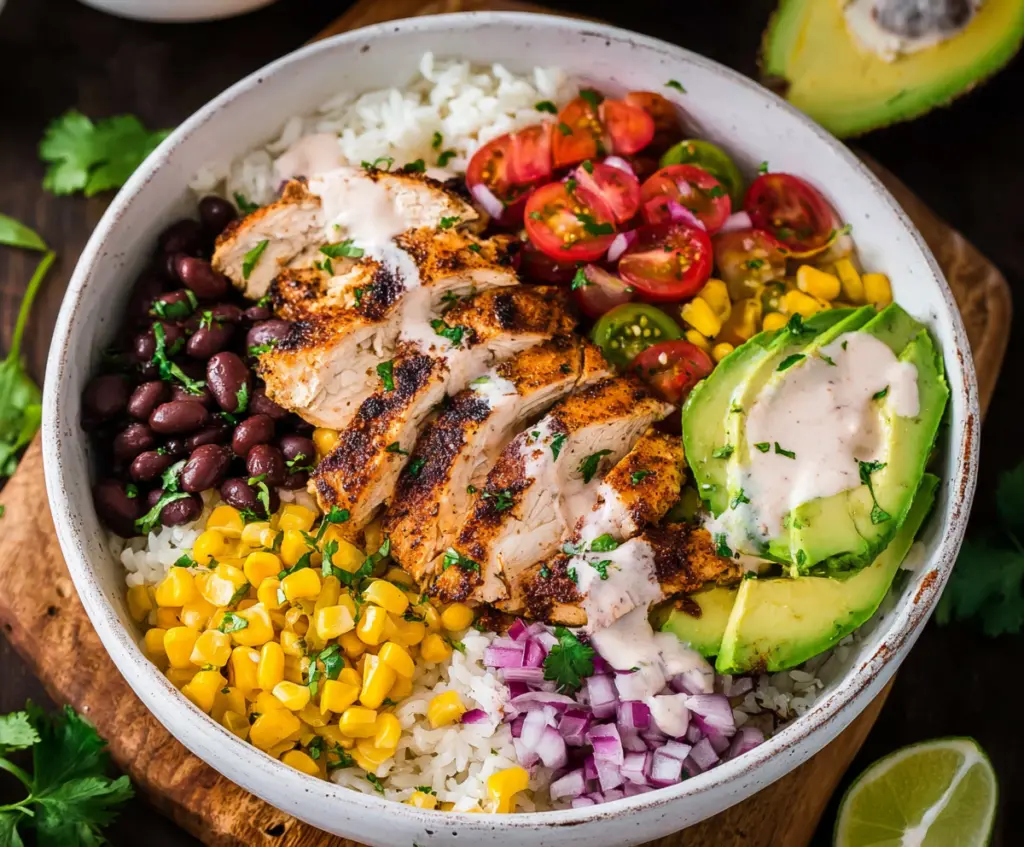 Delicious Chicken Burrito Bowl with fresh vegetables and savory sauce.