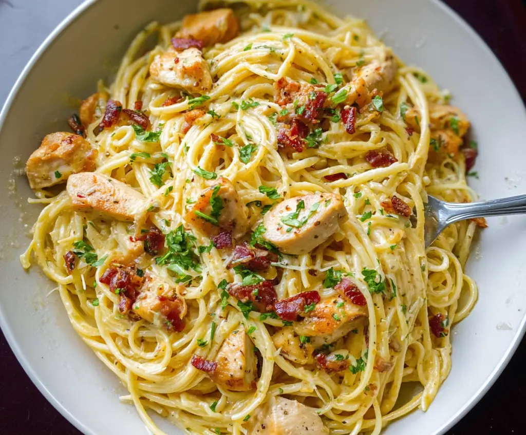 Delicious chicken carbonara pasta dish with creamy sauce and crispy bacon on a white plate.