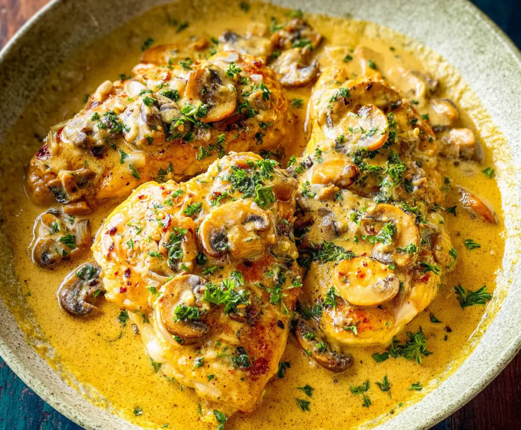 Succulent chicken Diane dish garnished with fresh herbs and served with a side of vegetables.