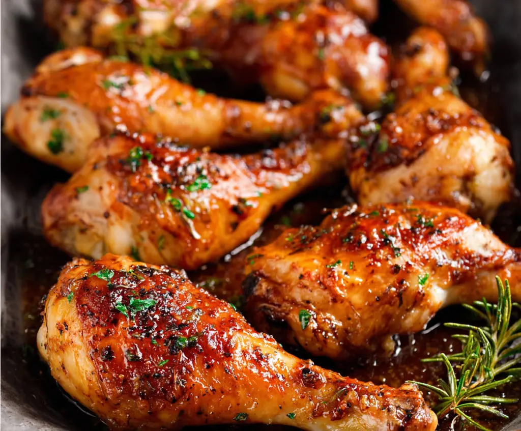 Delicious baked chicken drumsticks recipe with crispy skin and seasoned meat on a plate.
