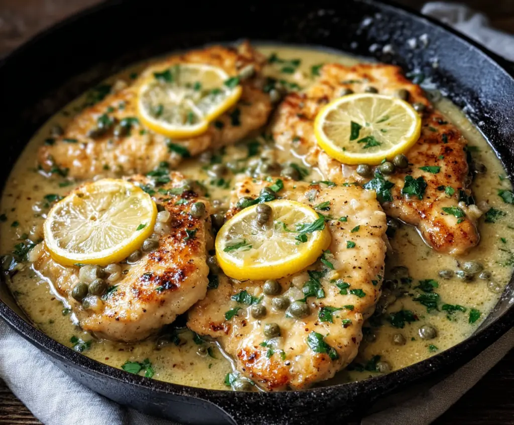 Delicious chicken piccata served with lemon and capers on a white plate