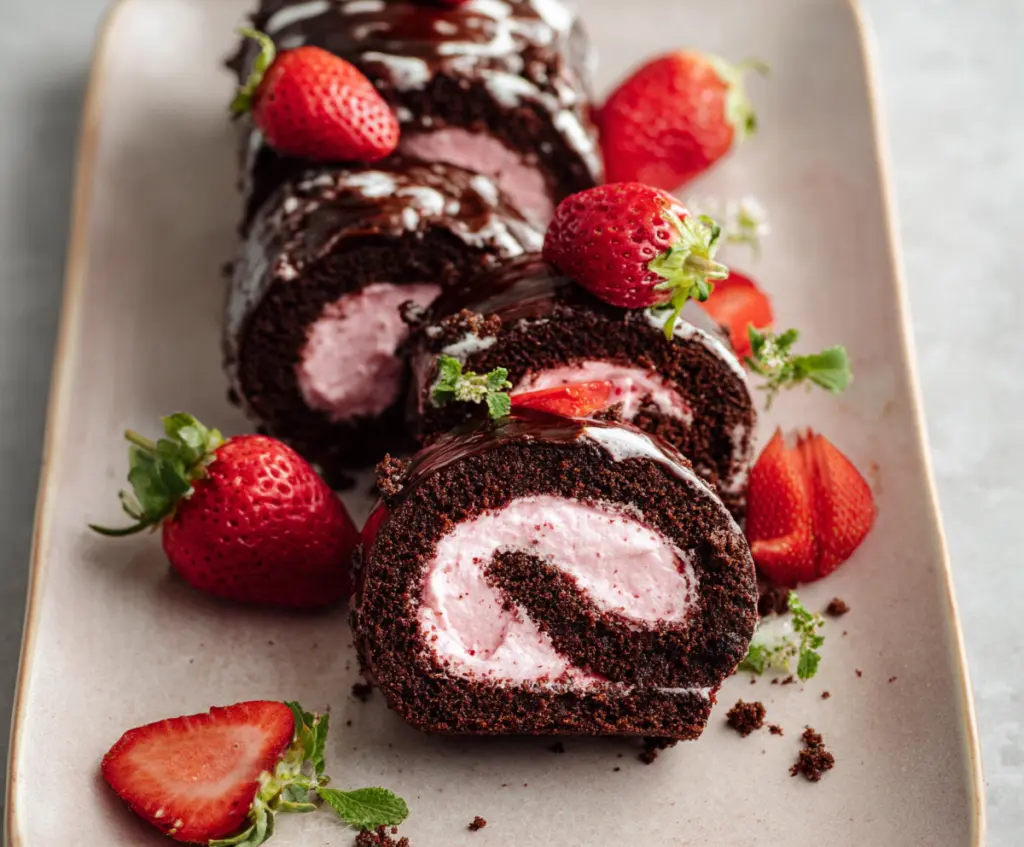 Delicious chocolate rolls topped with rich strawberry cream cheese frosting, perfect for dessert or snack.