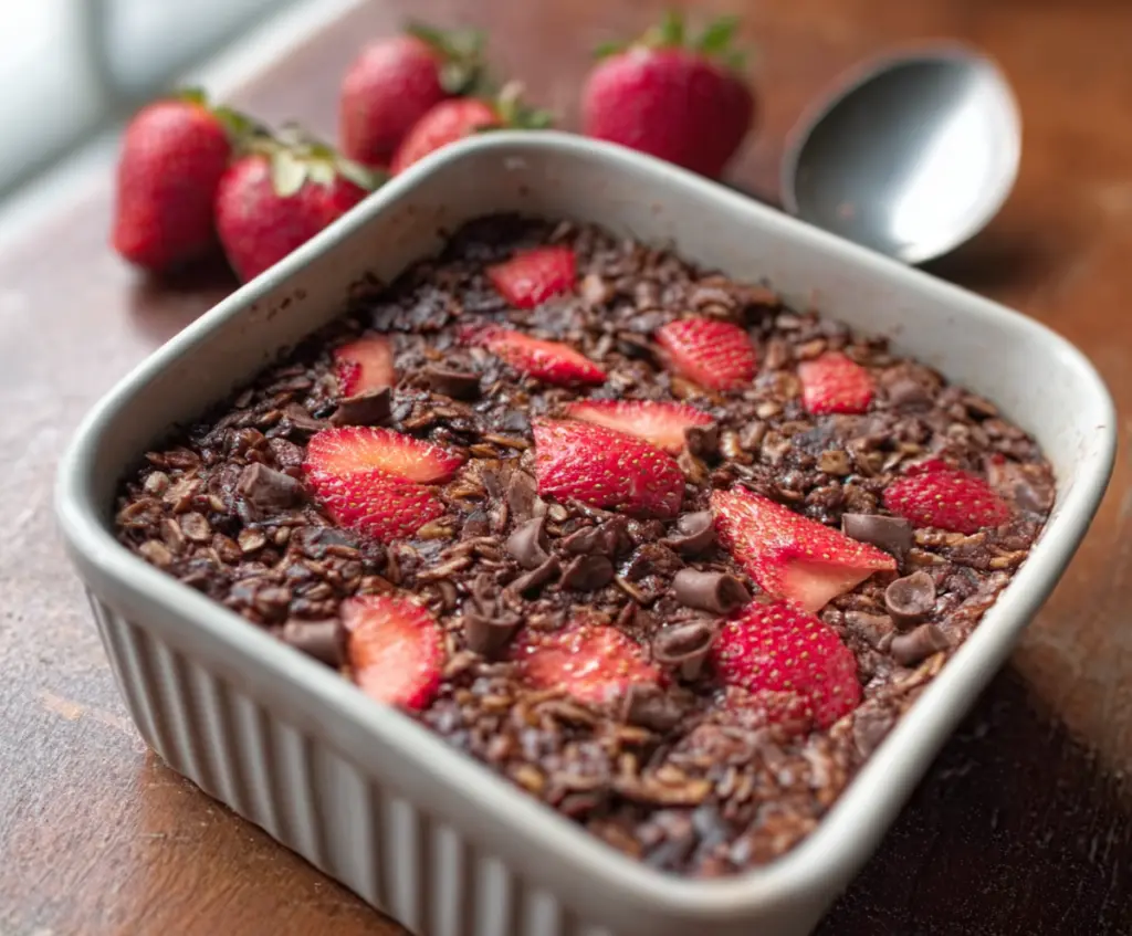 Delicious Chocolate Strawberry Baked Oatmeal served in a white dish with fresh strawberries and chocolate chunks.