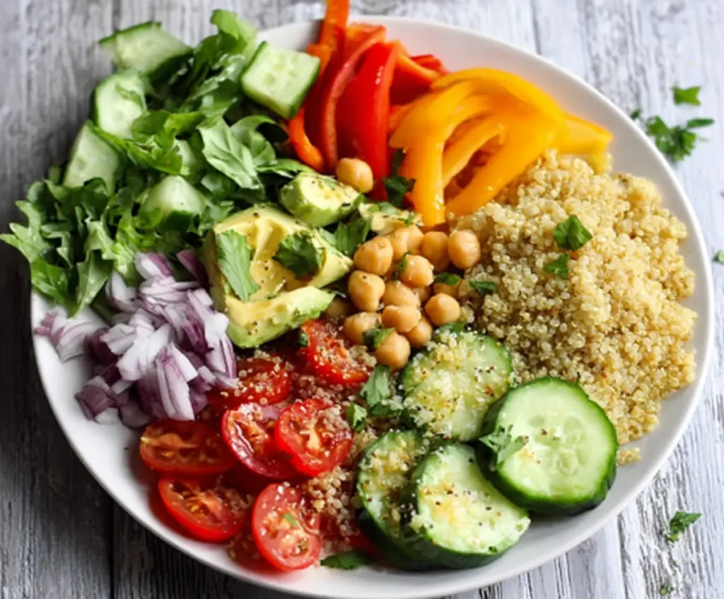 Colorful clean eating quinoa veggie bowl with fresh vegetables and herbs for a healthy meal.