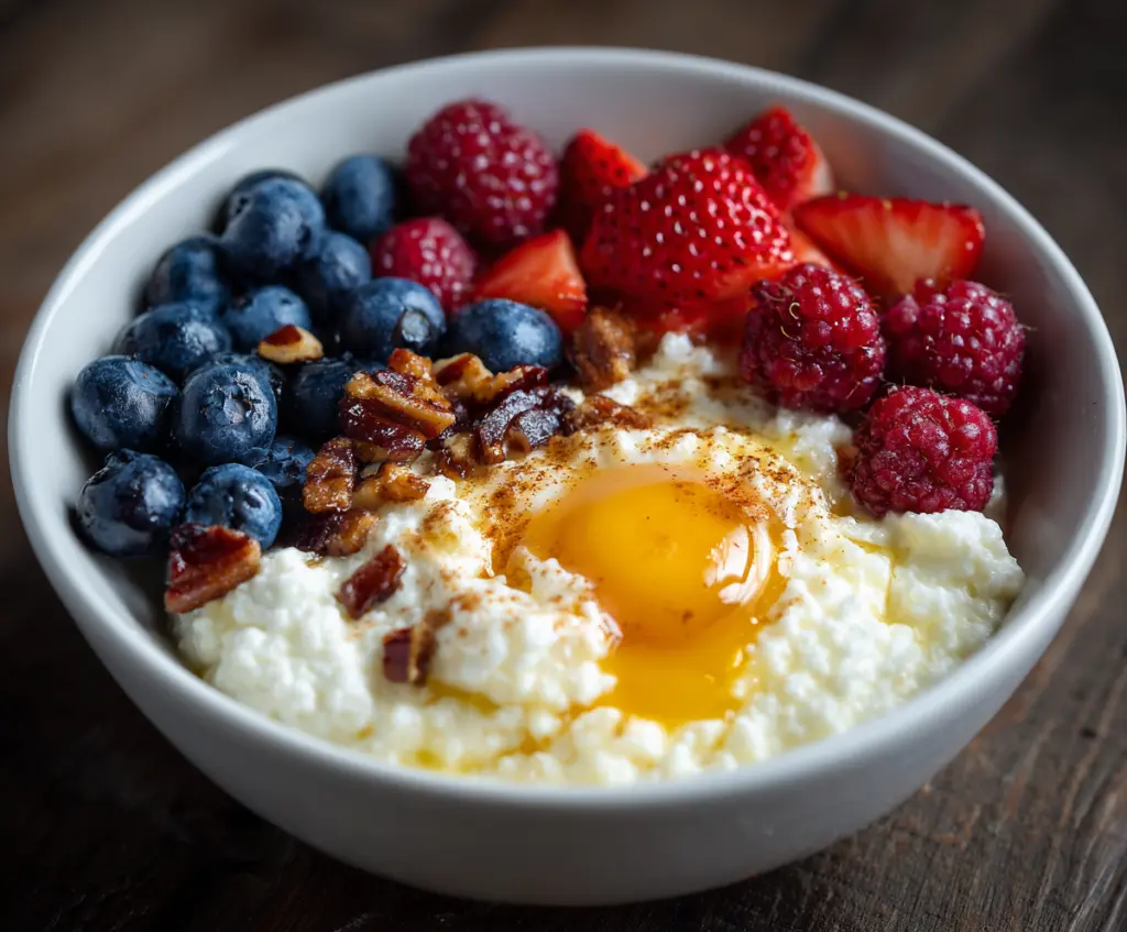 Healthy cottage cheese breakfast bowl topped with fresh fruits and nuts, perfect for a nutritious start to your day