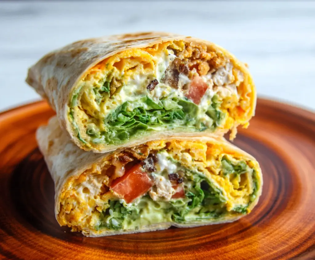 Healthy cottage cheese breakfast wrap with fresh vegetables and whole wheat tortilla.
