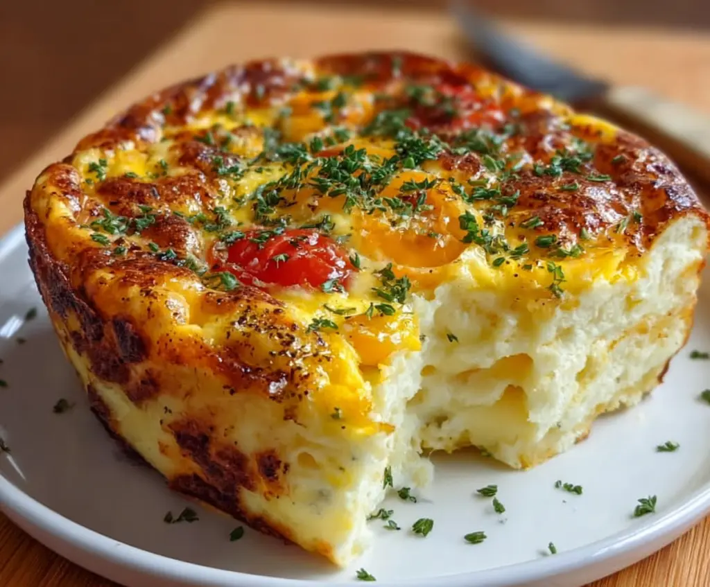 Delicious cottage cheese egg bake in a baking dish with herbs and vegetables ready for breakfast.