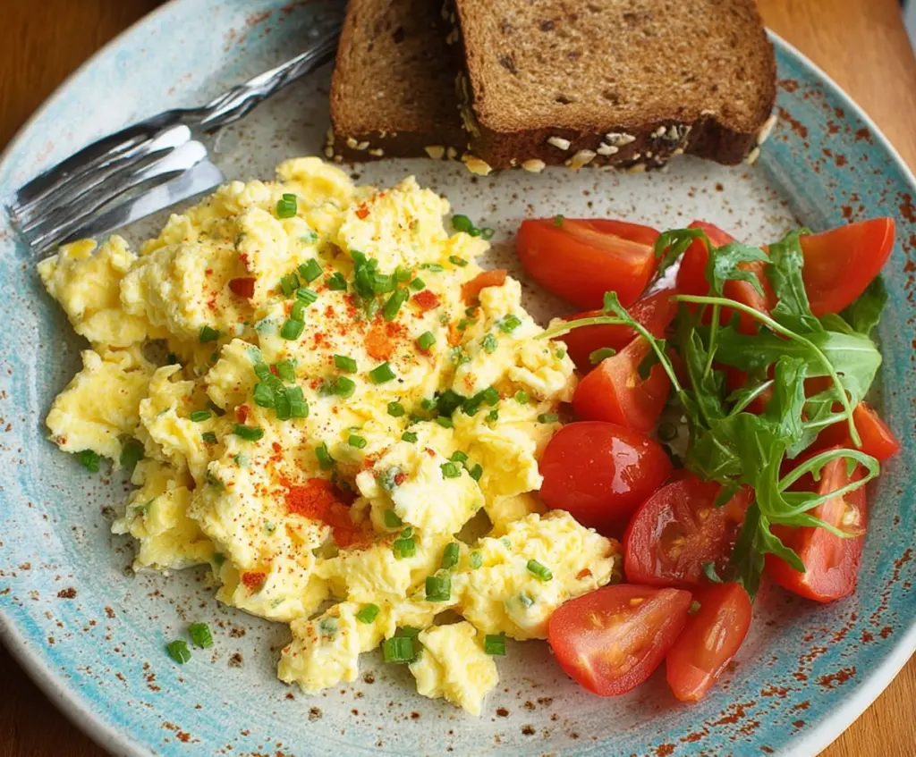 Creamy cottage cheese scrambled eggs served with fresh herbs for a healthy breakfast.