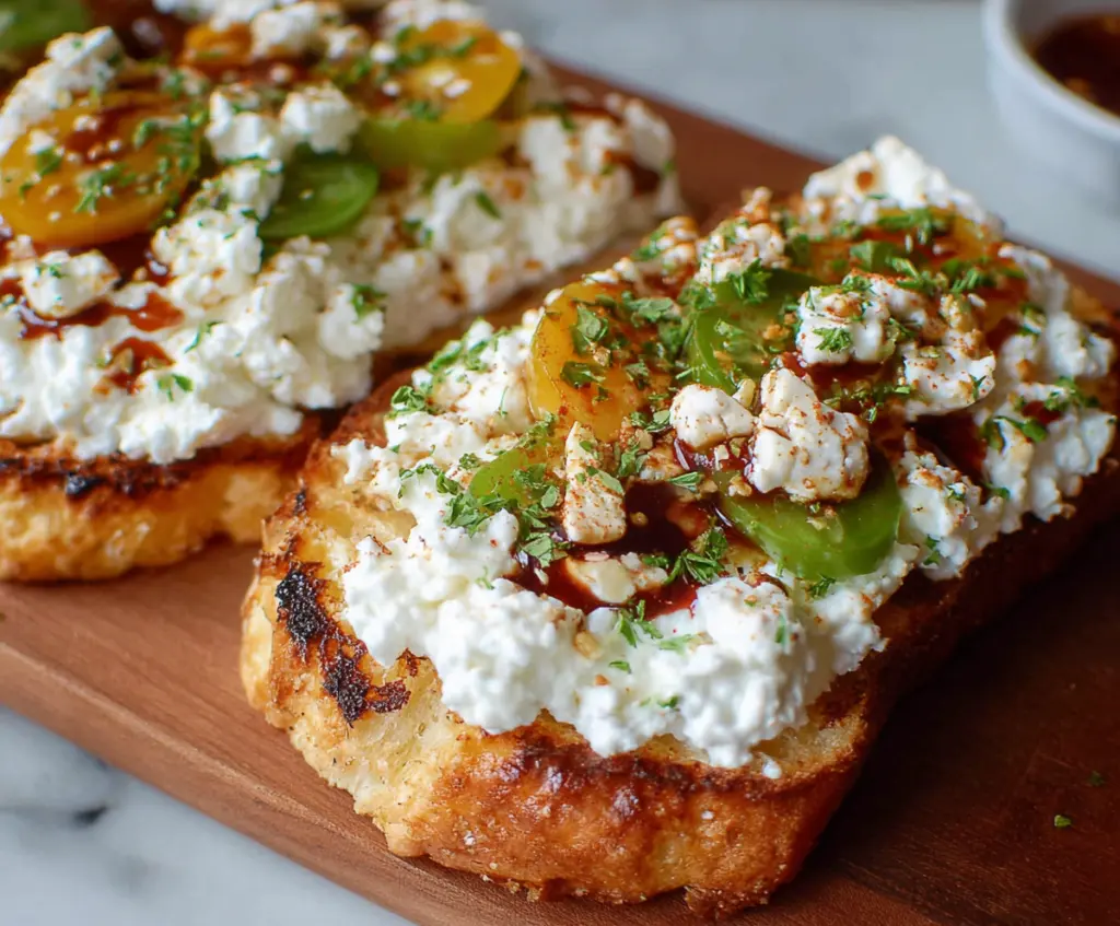 Delicious cottage cheese toast topped with fresh herbs on a rustic plate, perfect for a healthy breakfast.