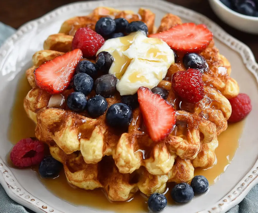 Delicious homemade cottage cheese waffles served with fresh berries and maple syrup.