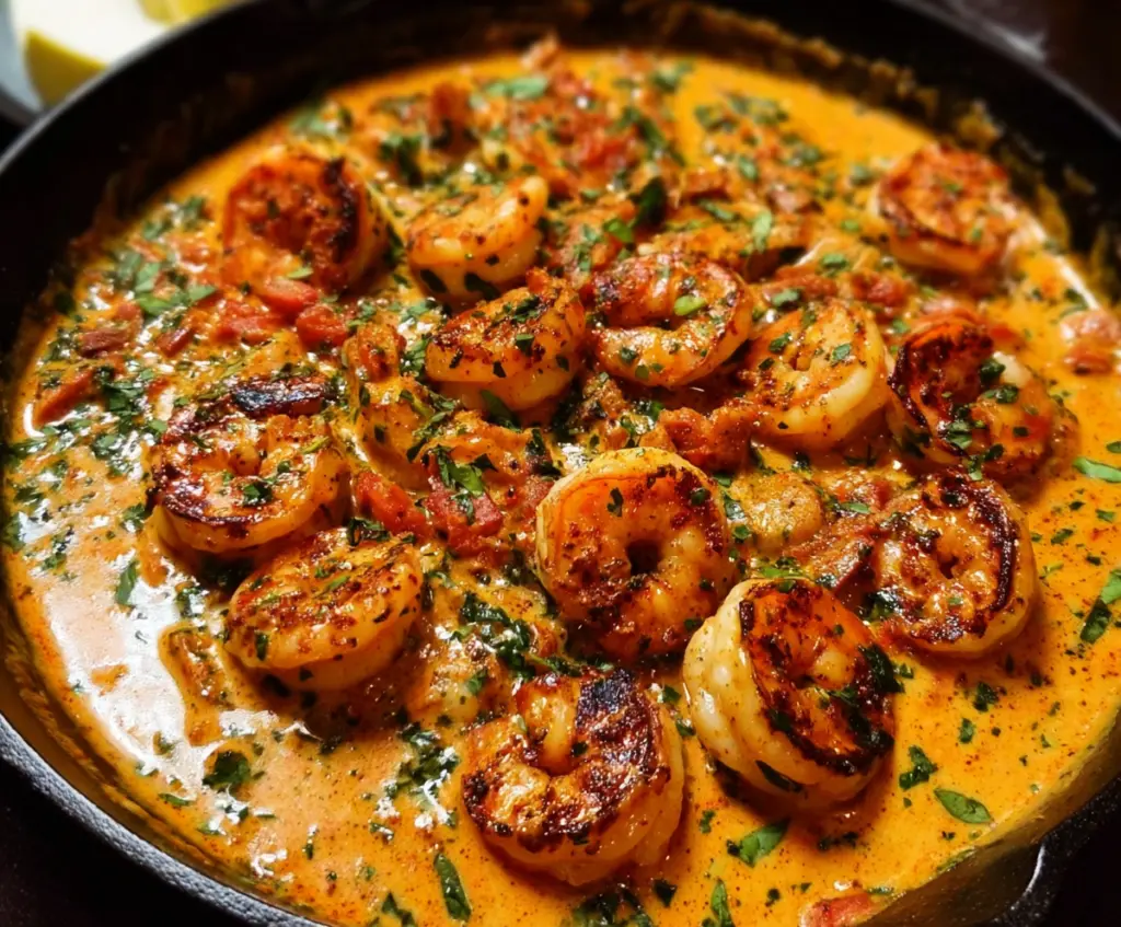 Creamy garlic and paprika seasoned shrimp sizzling in a skillet garnished with fresh herbs.