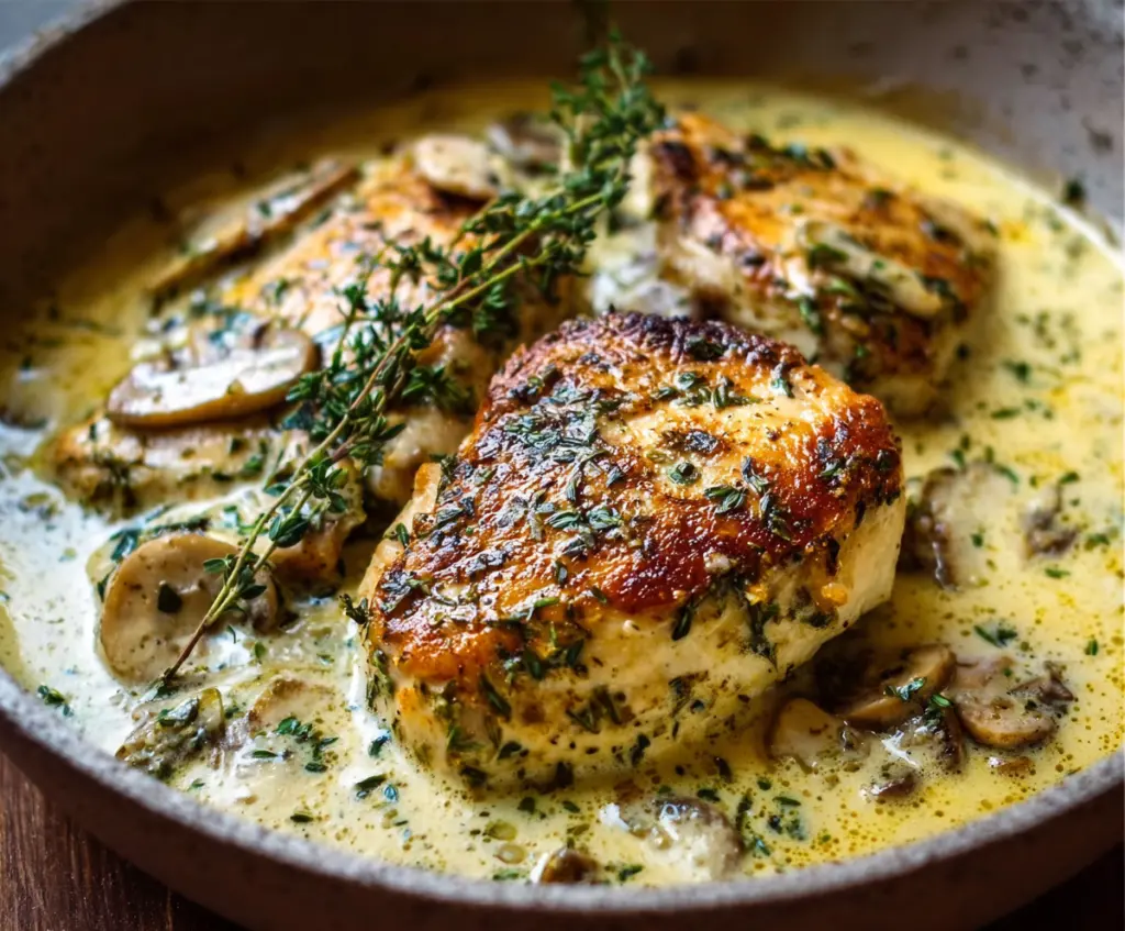 Delicious creamy herb chicken served with fresh herbs and vegetables on a white plate.