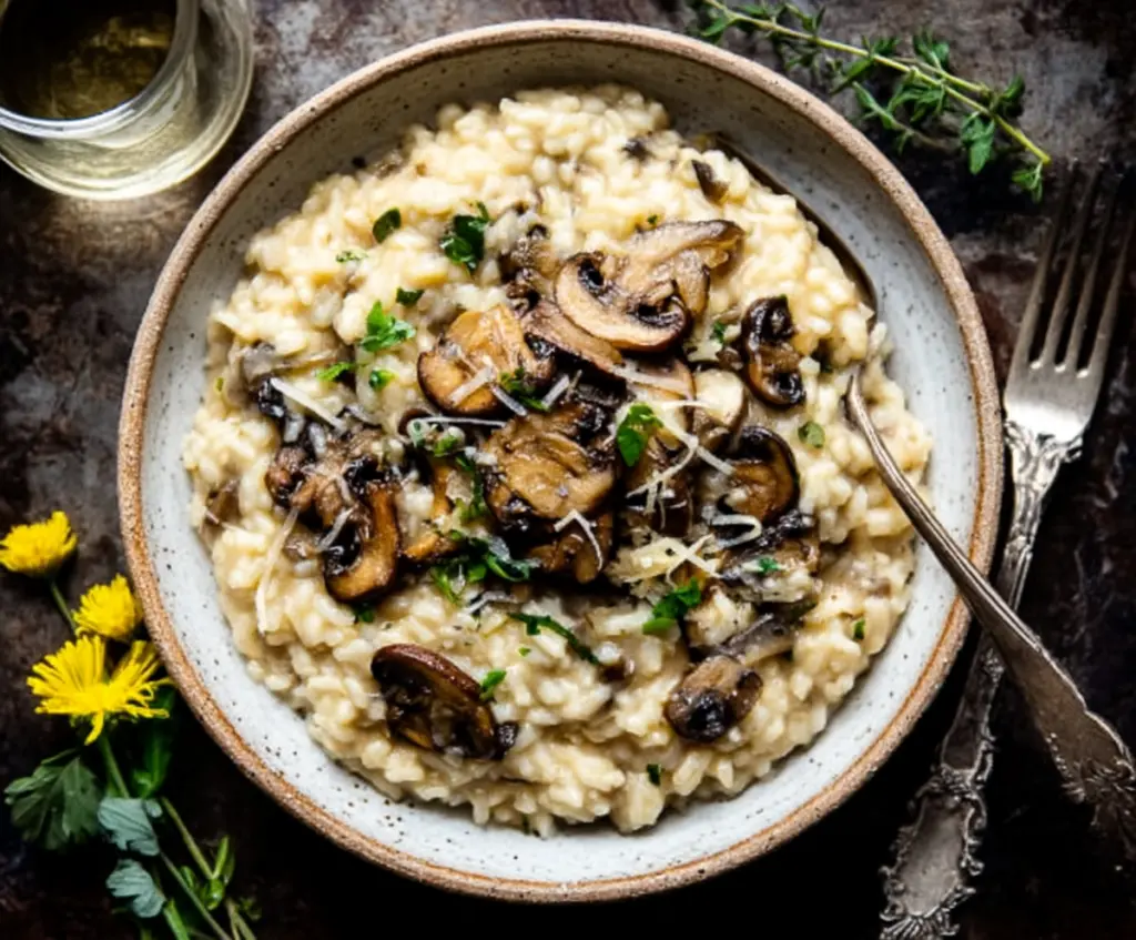 Creamy mushroom risotto served in a rustic bowl, perfect for a romantic dinner for two.
