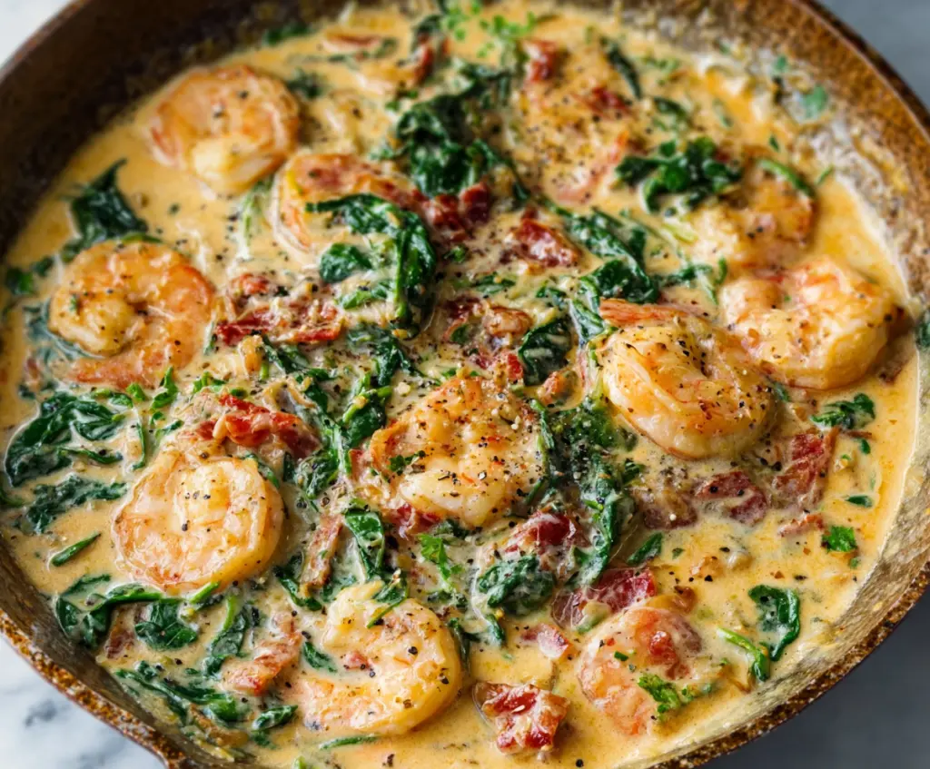 Delicious creamy Tuscan shrimp cooked with garlic, spinach, and sun-dried tomatoes in a rich sauce.