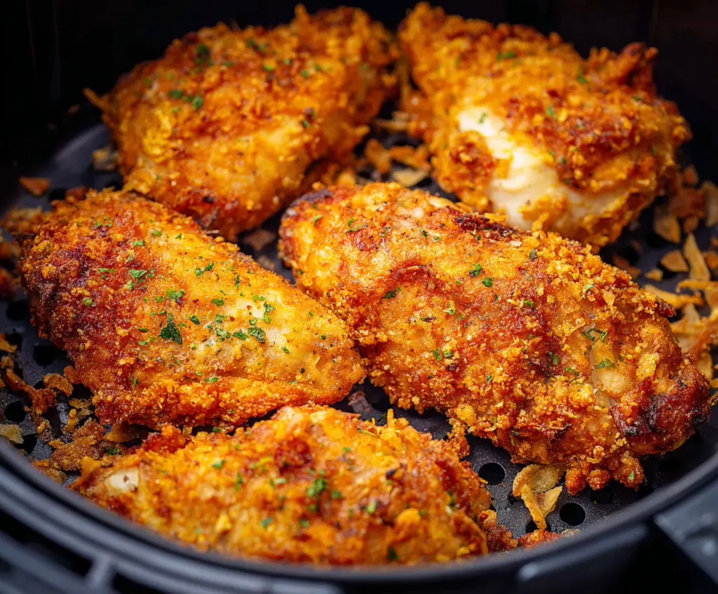 Crispy air fryer chicken showing golden-brown, crunchy exterior on a plate
