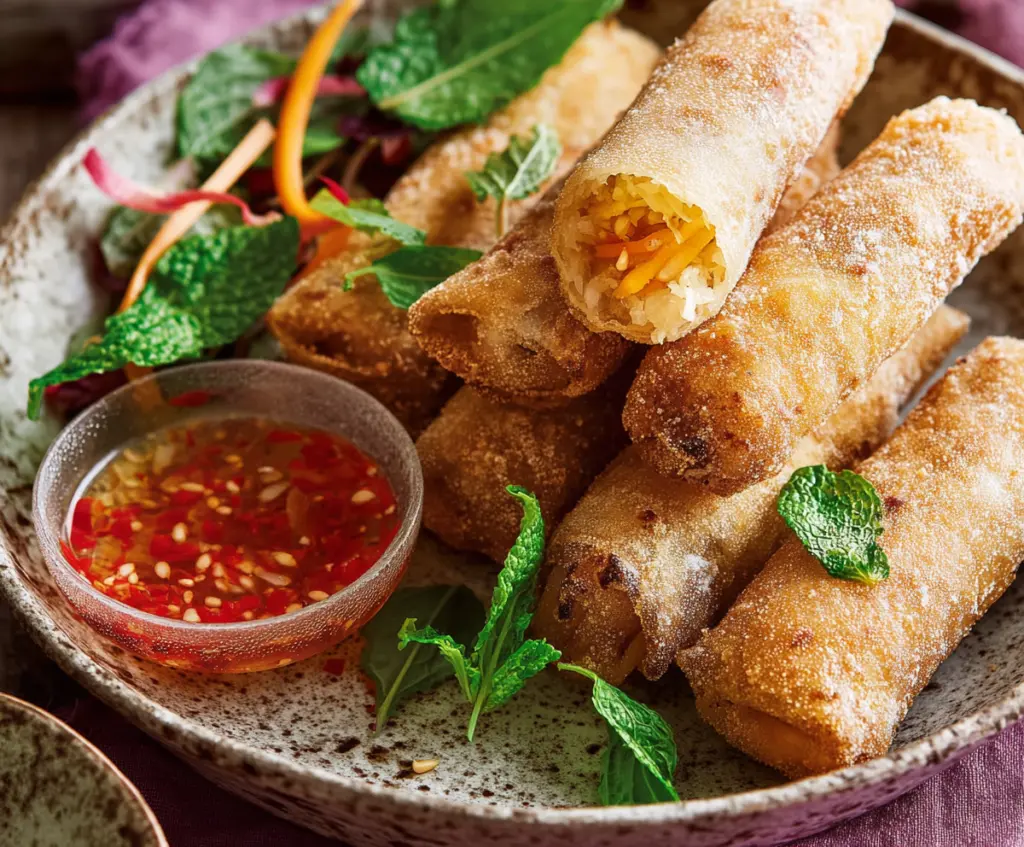 Golden crispy spring rolls filled with vegetables, served as a delicious appetizer.