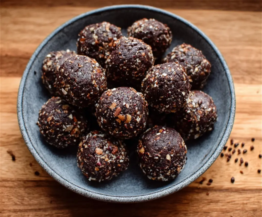 Healthy dark chocolate energy bites with nuts and oats for a nutritious snack.