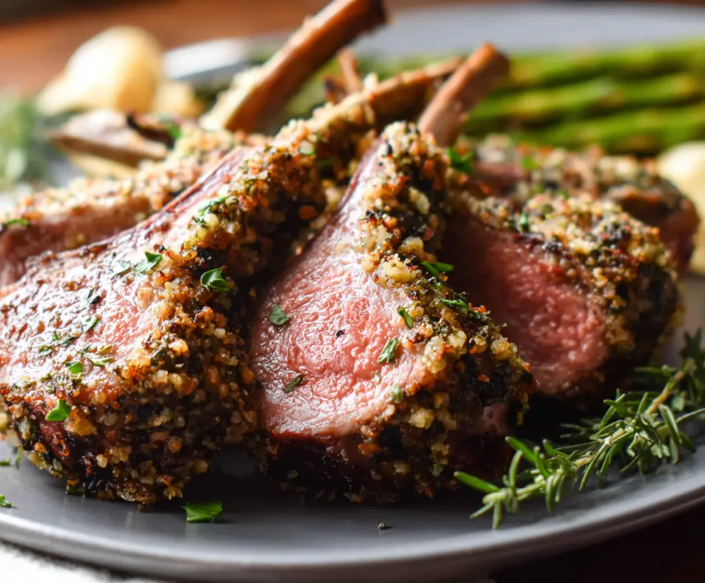 Juicy garlic and herb crusted lamb chops served on a white plate, highlighting their crispy exterior and tender meat.
