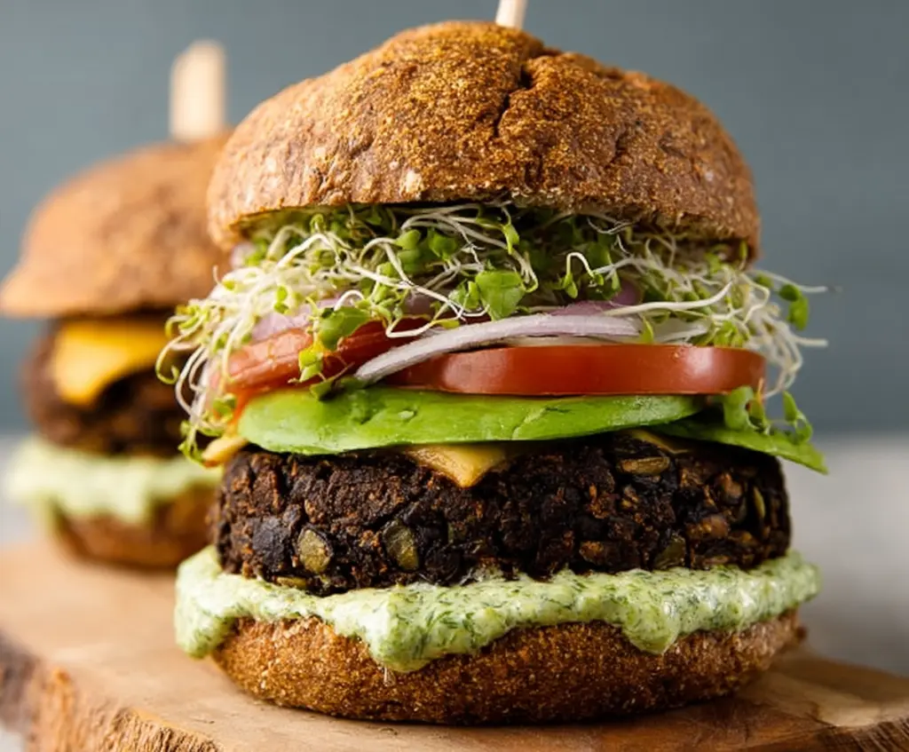 Delicious Green Goddess Black Bean Burger topped with fresh greens and vibrant vegetables.