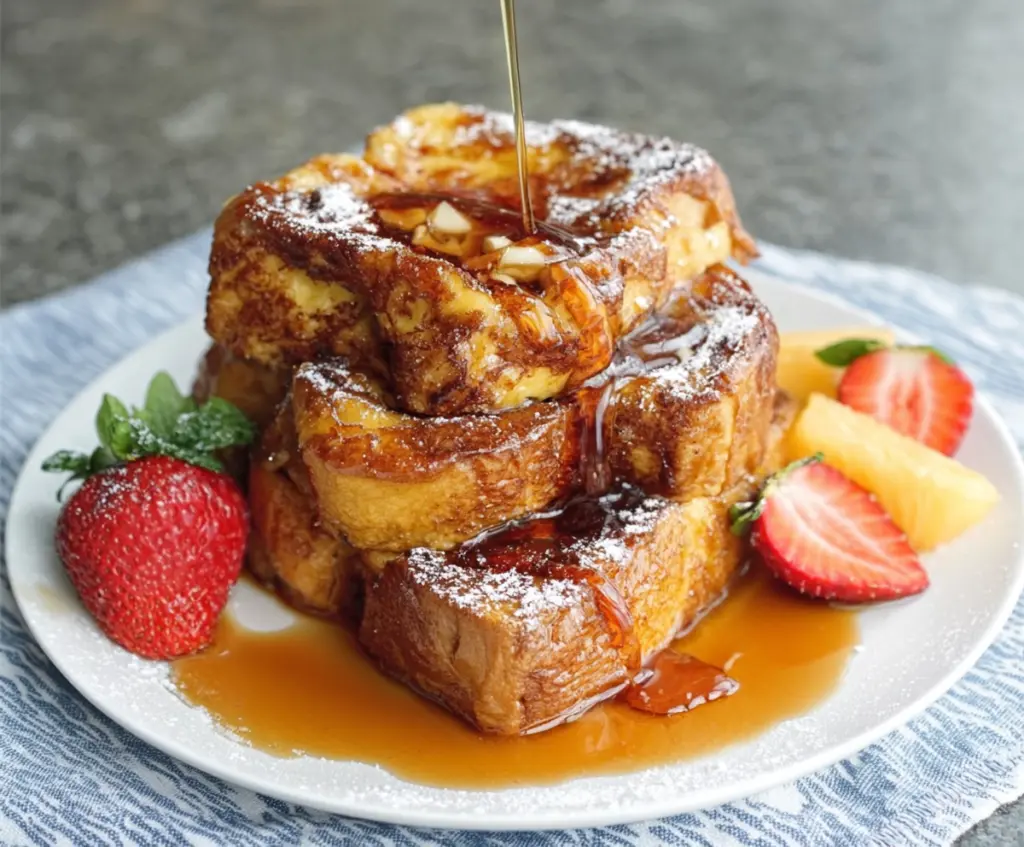 Delicious Hawaiian Roll French Toast topped with fresh berries and syrup.