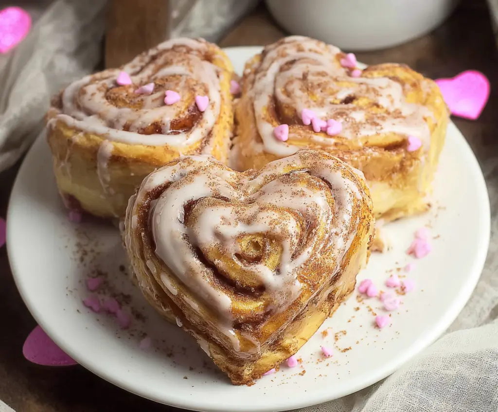 Delicious heart-shaped cinnamon rolls fresh out of the oven, showcasing a swirl of cinnamon and sugar in a romantic presentation.
