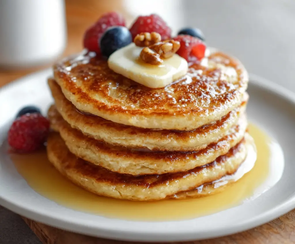 Delicious high-protein cottage cheese pancakes stacked on a plate, garnished with fresh berries and drizzled with honey.