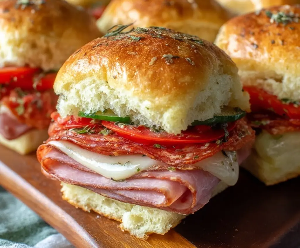Delicious Hot Italian Sub Sliders with melted cheese, ham, and pepperoni served on a toasted bun