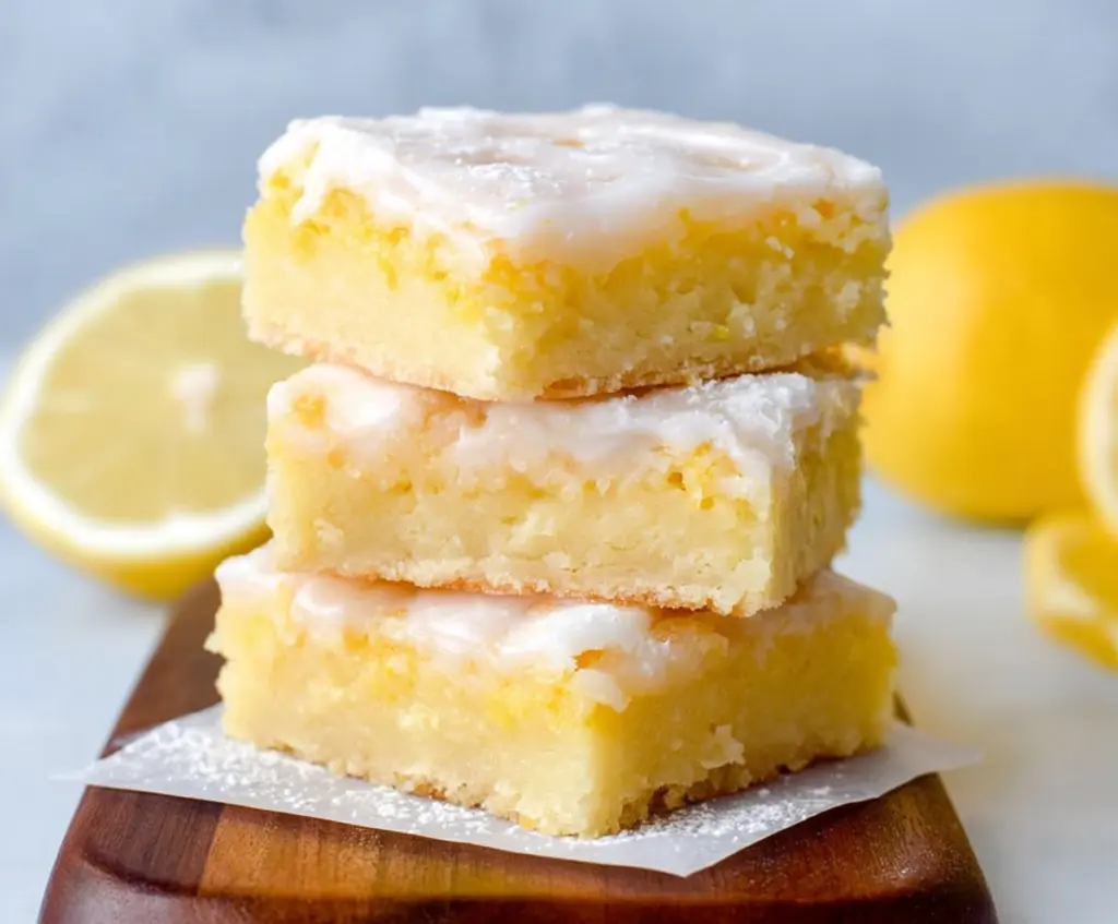 Delicious homemade lemon brownies with vibrant yellow lemon zest and a glossy glaze.