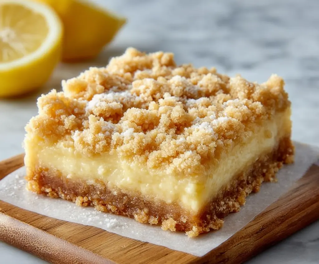 Delicious Lemon Crumb Bars with a tangy lemon filling and crispy crumb topping on a wooden table.