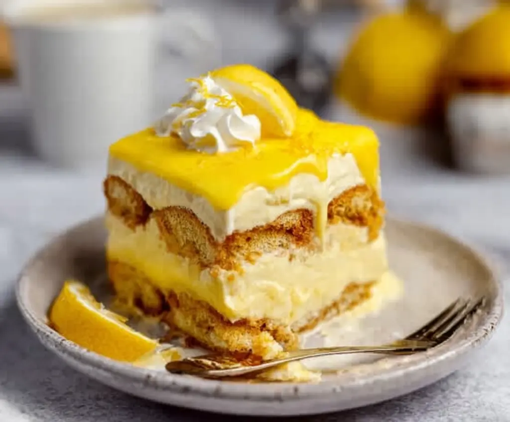 Delicious Lemon Tiramisu layered with mascarpone and fresh lemon zest.