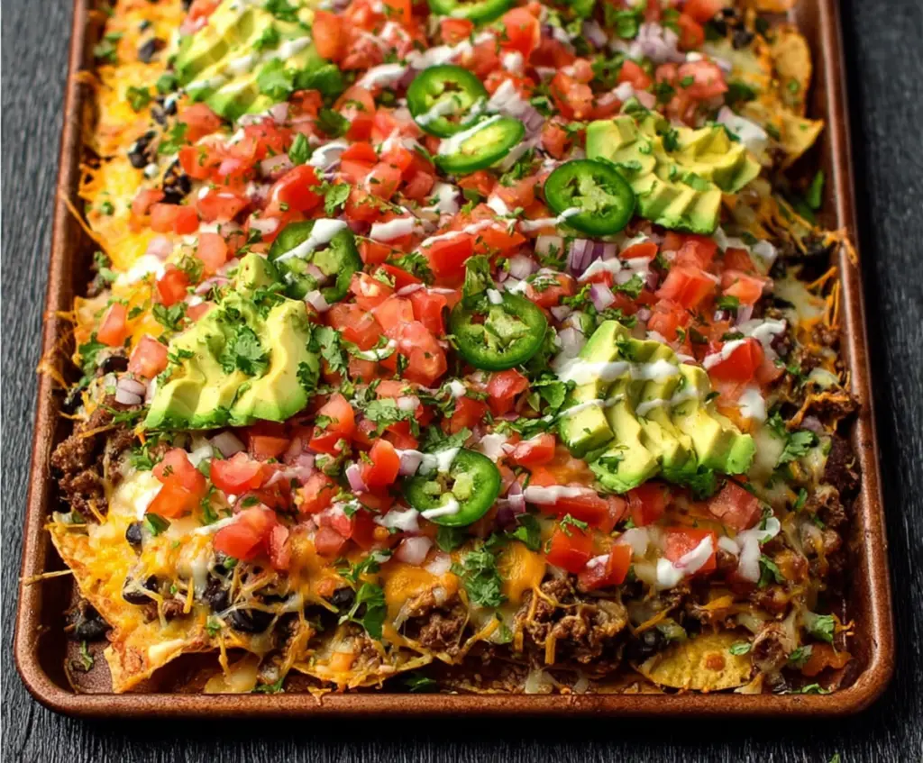 Loaded sheet pan nachos topped with cheese, jalapenos, sour cream, and guacamole for a delicious snack