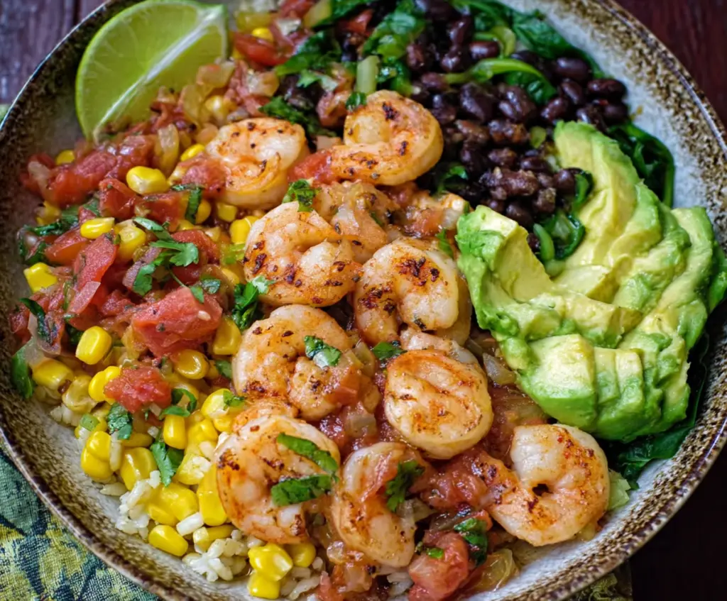 Colorful Mexican Shrimp Bowls with fresh vegetables, rice, and flavorful spices.