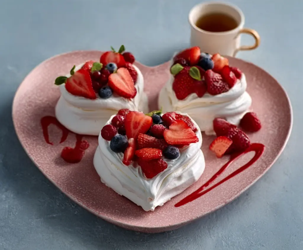 Delicious mini heart-shaped pavlovas topped with whipped cream and fresh strawberries on a white plate.