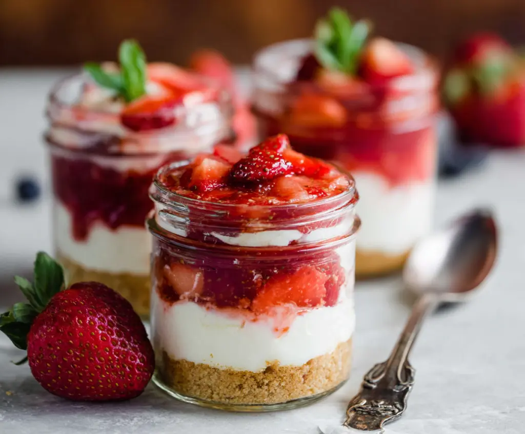 Delicious no-bake strawberry cheesecake jars with fresh strawberries and creamy filling.