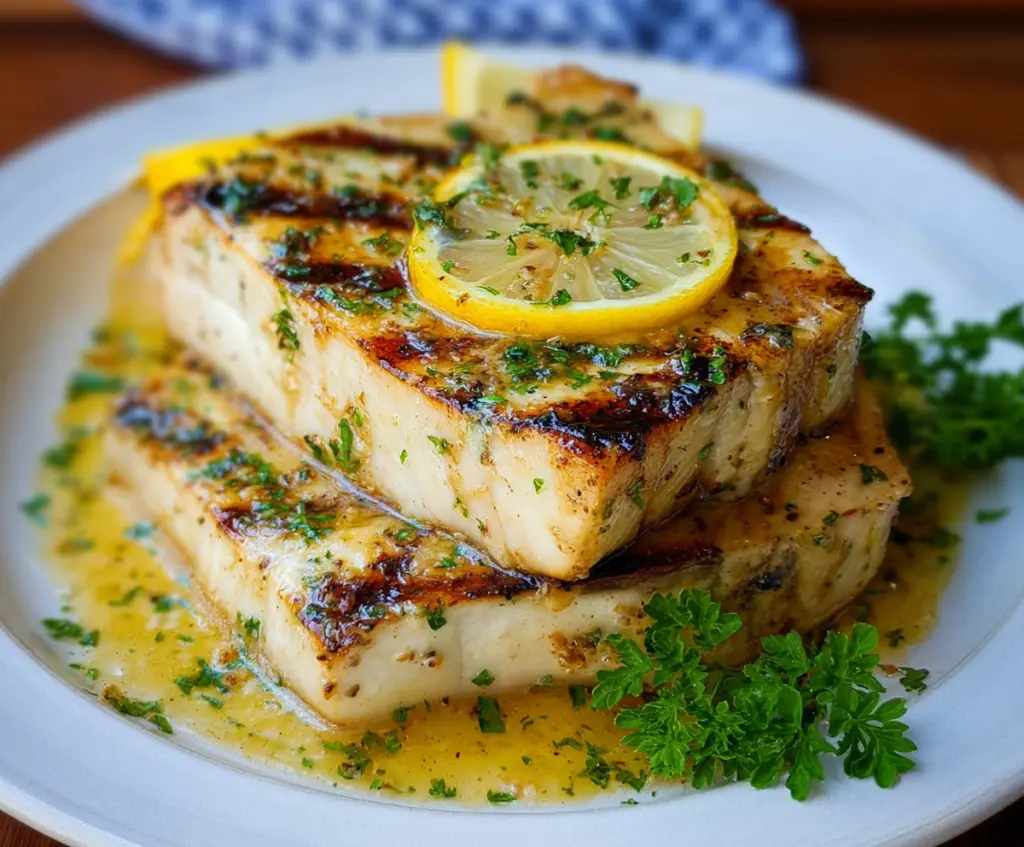 Delicious oven-baked swordfish served with lemon butter sauce on a white plate.