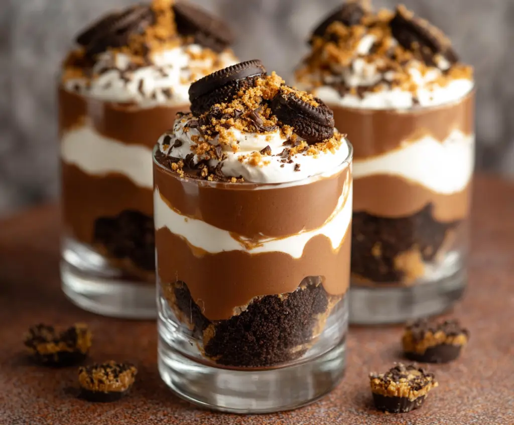 Creamy Peanut Butter Cup Parfaits layered with chocolate and whipped cream in a clear glass