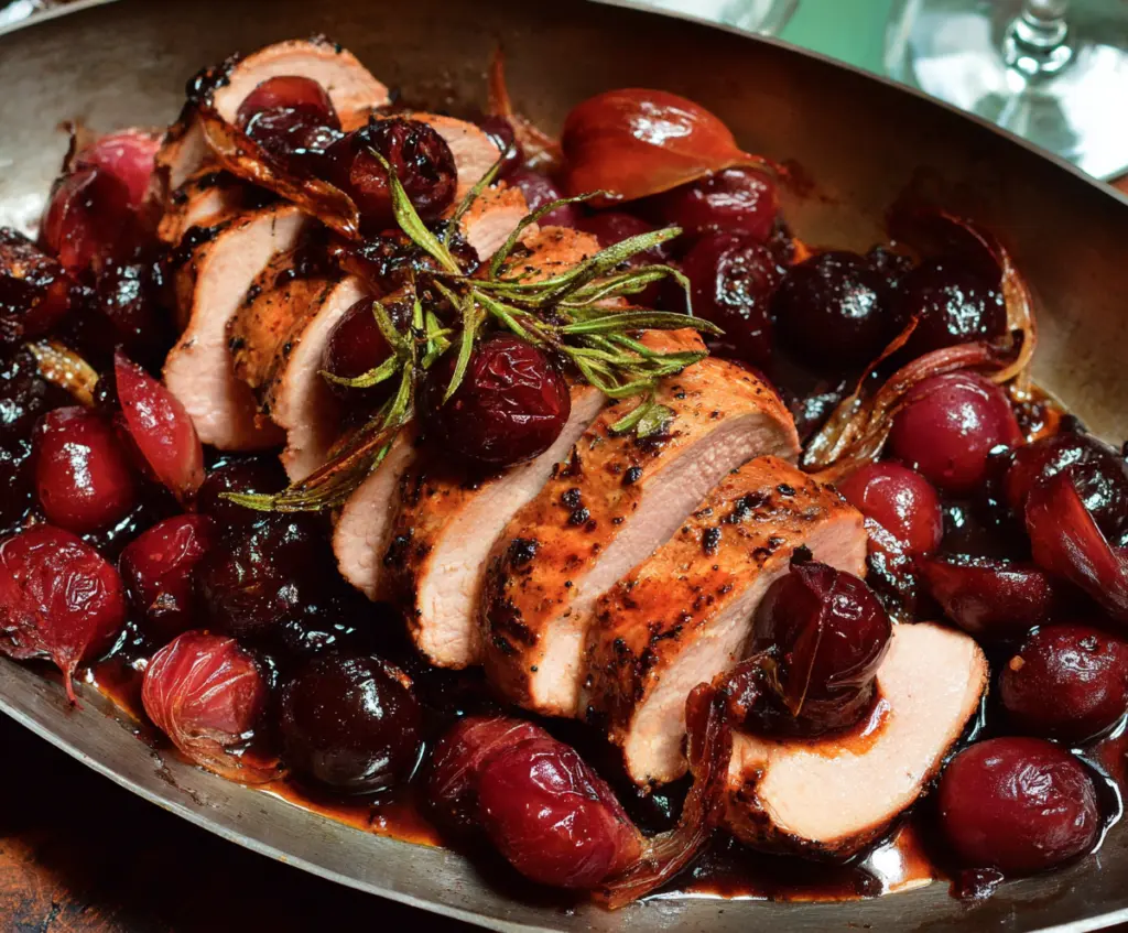 Delicious pork tenderloin glazed with sweet and tangy agrodolce cherries on a rustic plate.